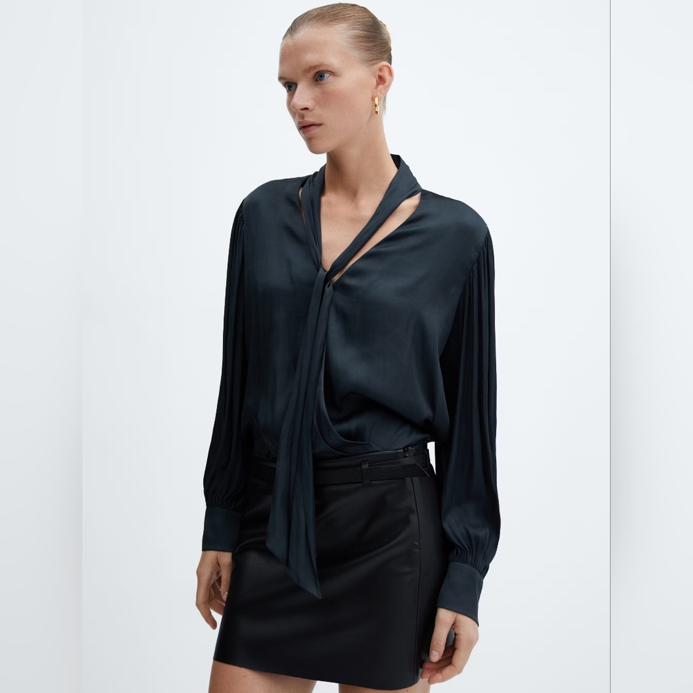 Mango Charcoal Tie-Neck Satin Blouse